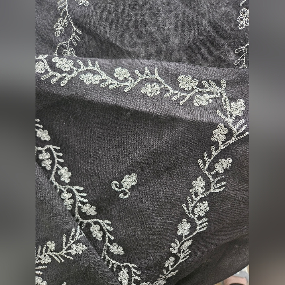 Black Scarf Silver Metallic Embroidery Shawl - Picture 2 of 4